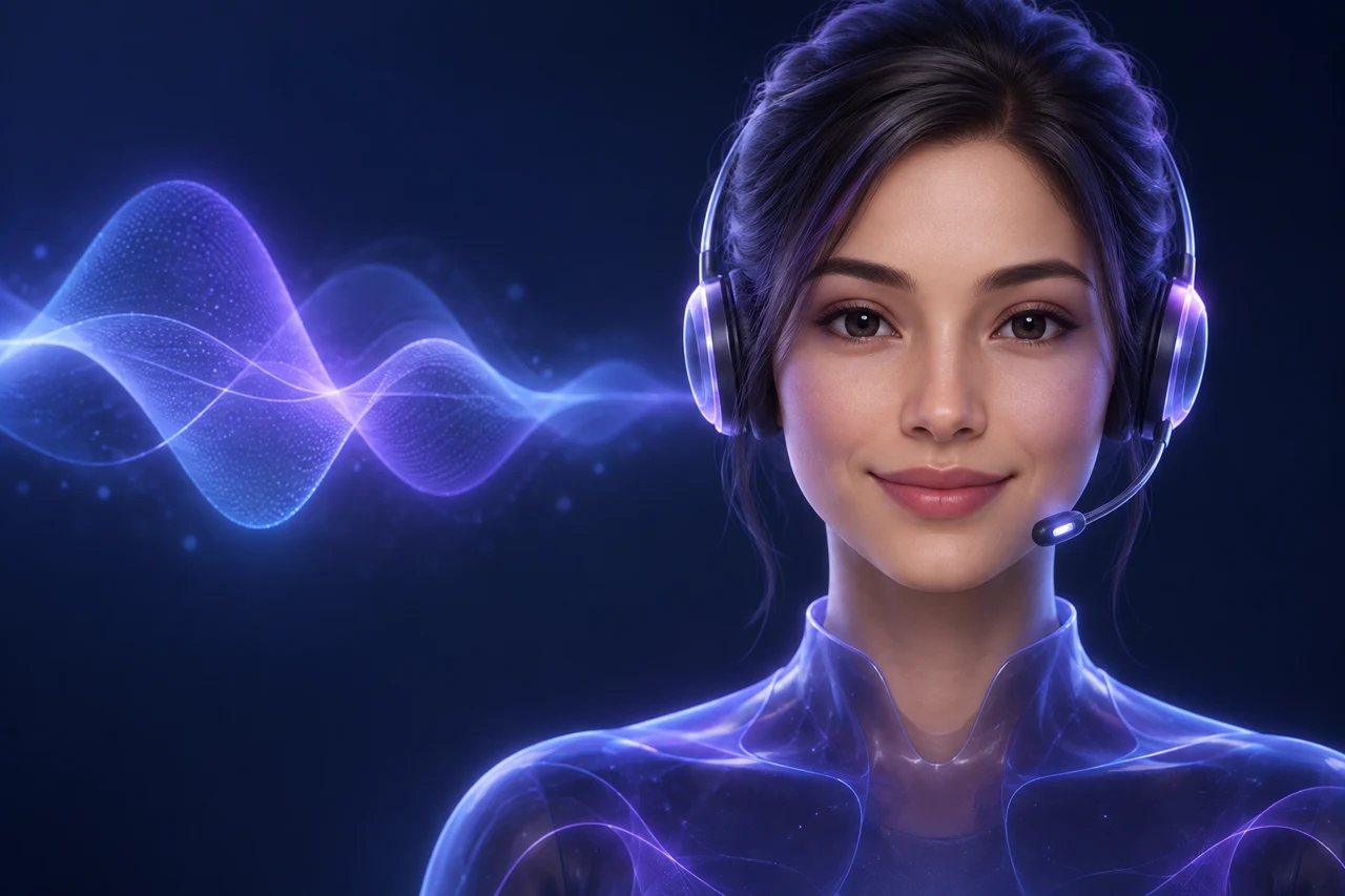 Conceptual AI avatar wearing a headset for an interview conversation