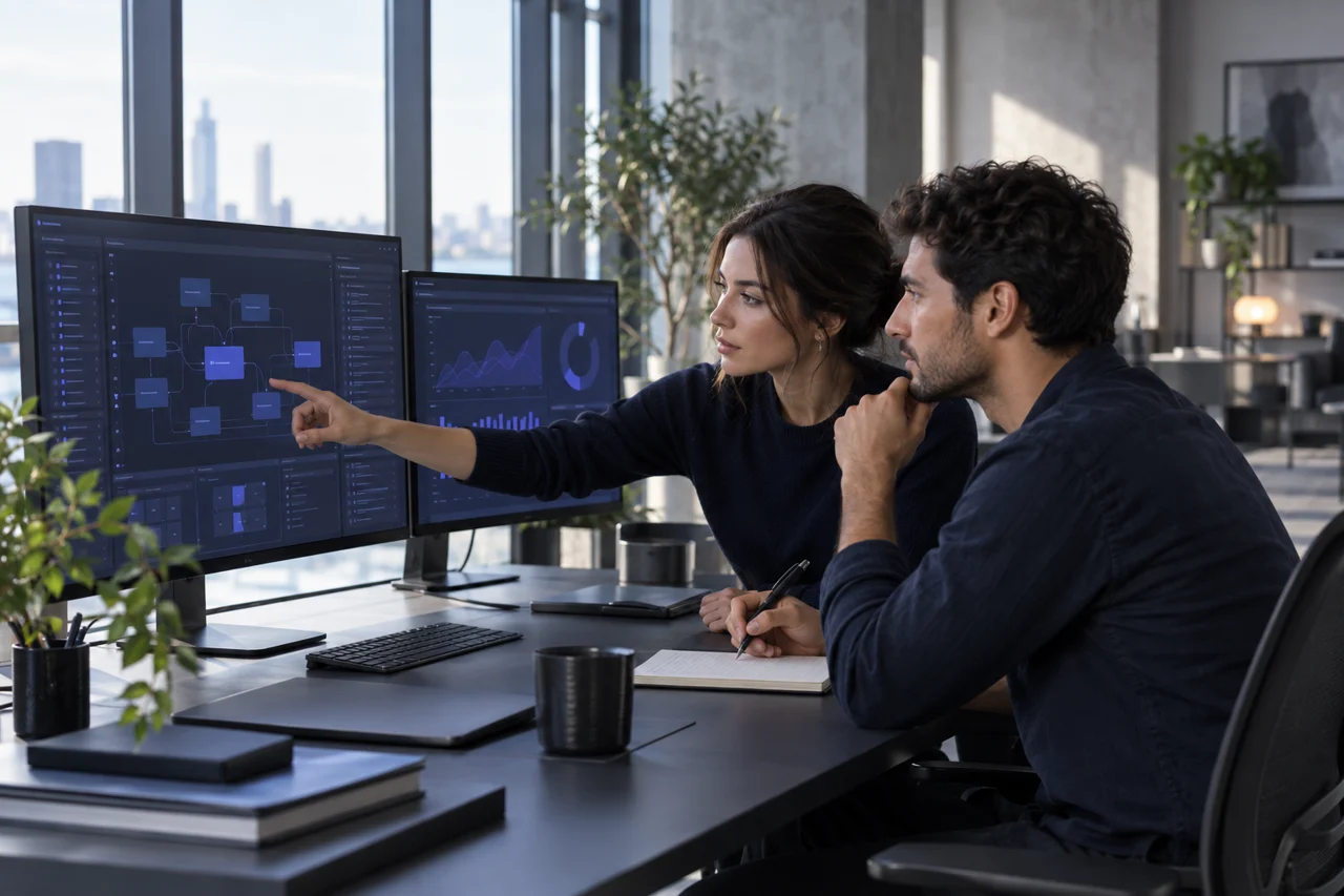Conceptual editorial scene of engineers reviewing enterprise AI architecture and evaluation