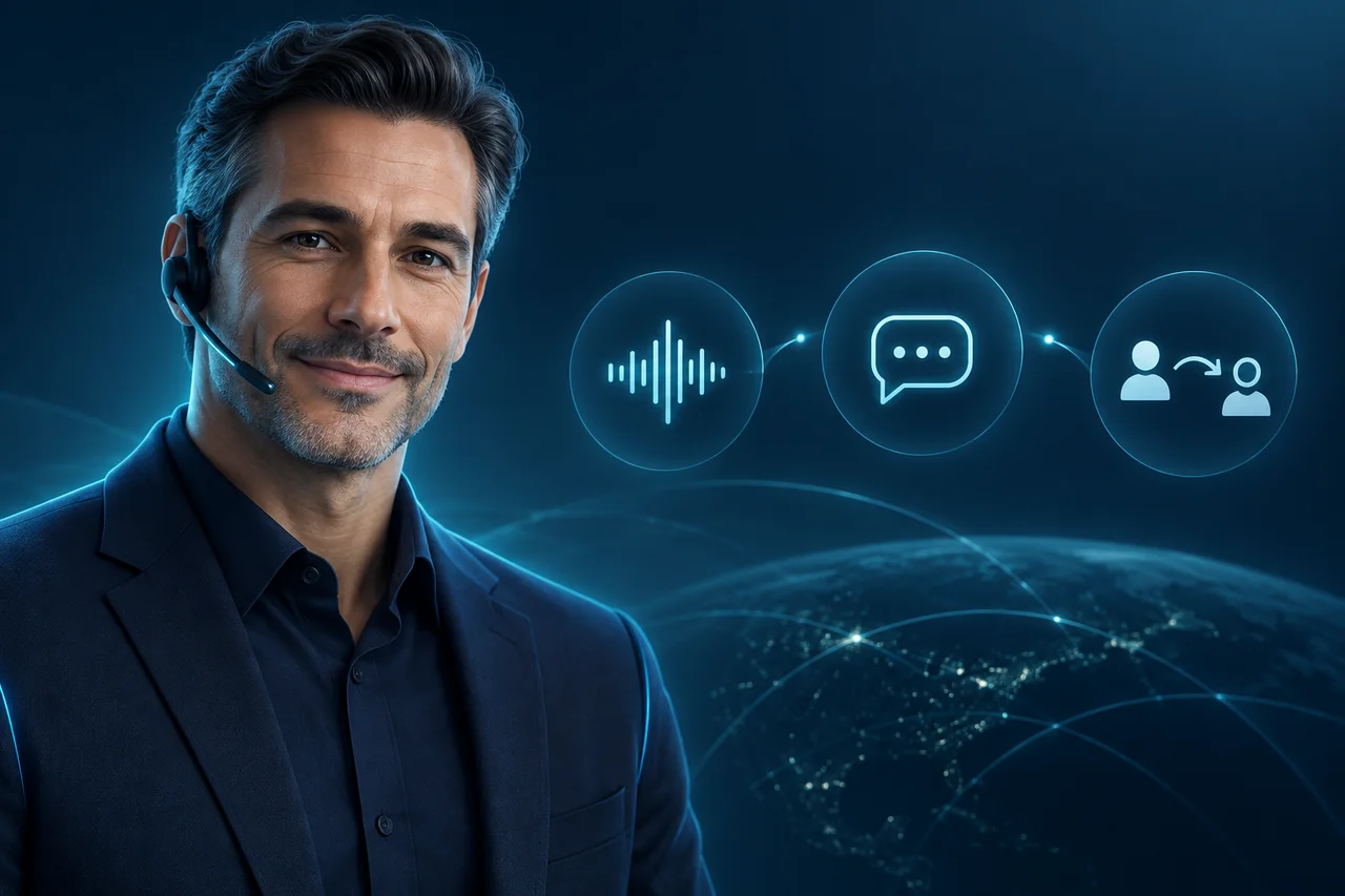 Conceptual digital support specialist with a headset, connecting voice, messages and human handover