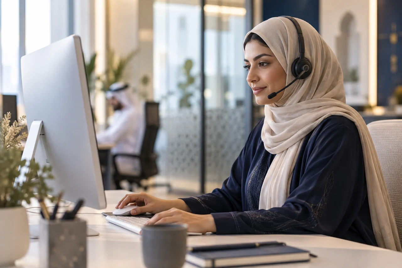 A customer-service professional reviews a case in a GCC office