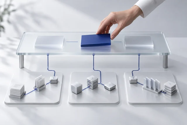 A human sets strategic direction above three coordinated workflow paths