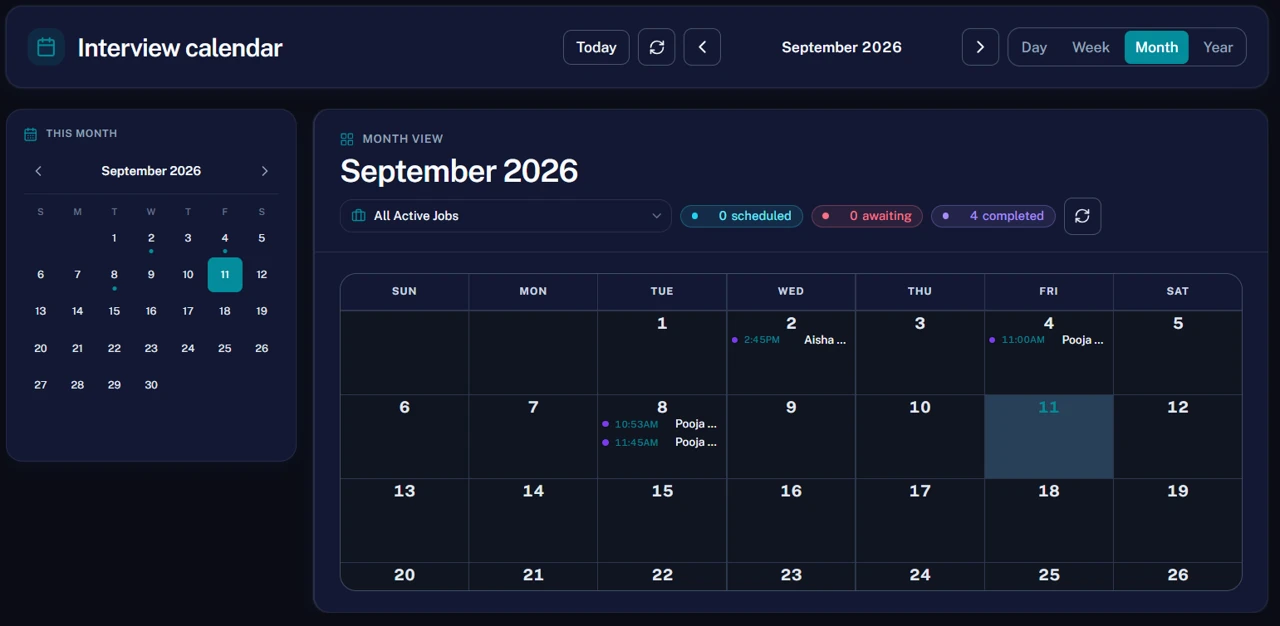 AaiRA monthly interview calendar with scheduled, awaiting and completed interview filters