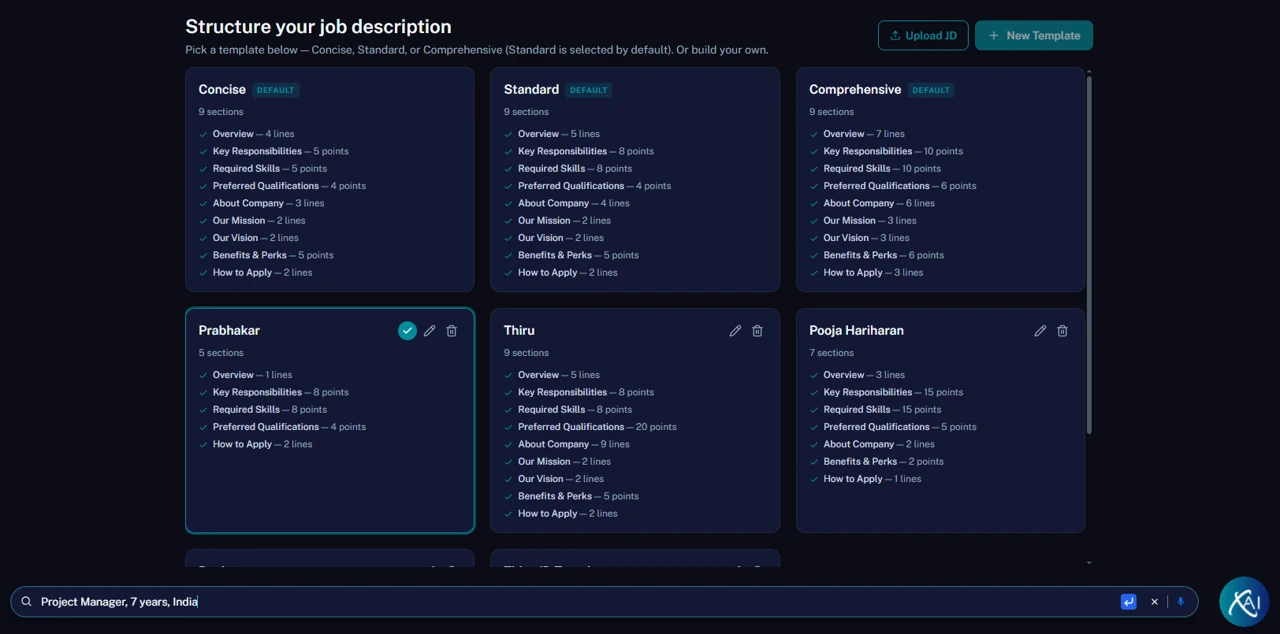 AaiRA job description workspace showing concise, standard and comprehensive templates